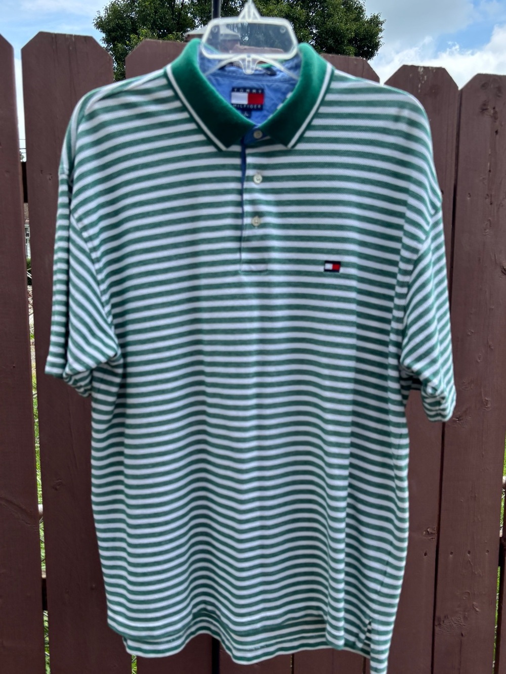 Vintage Tommy Hilfiger Men’s Green and White Striped Polo Shirt